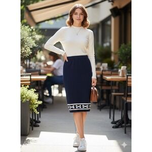 J. Christopher Vintage Navy Blue Cotton Knit Bow Hem Midi Skirt Small USA Made